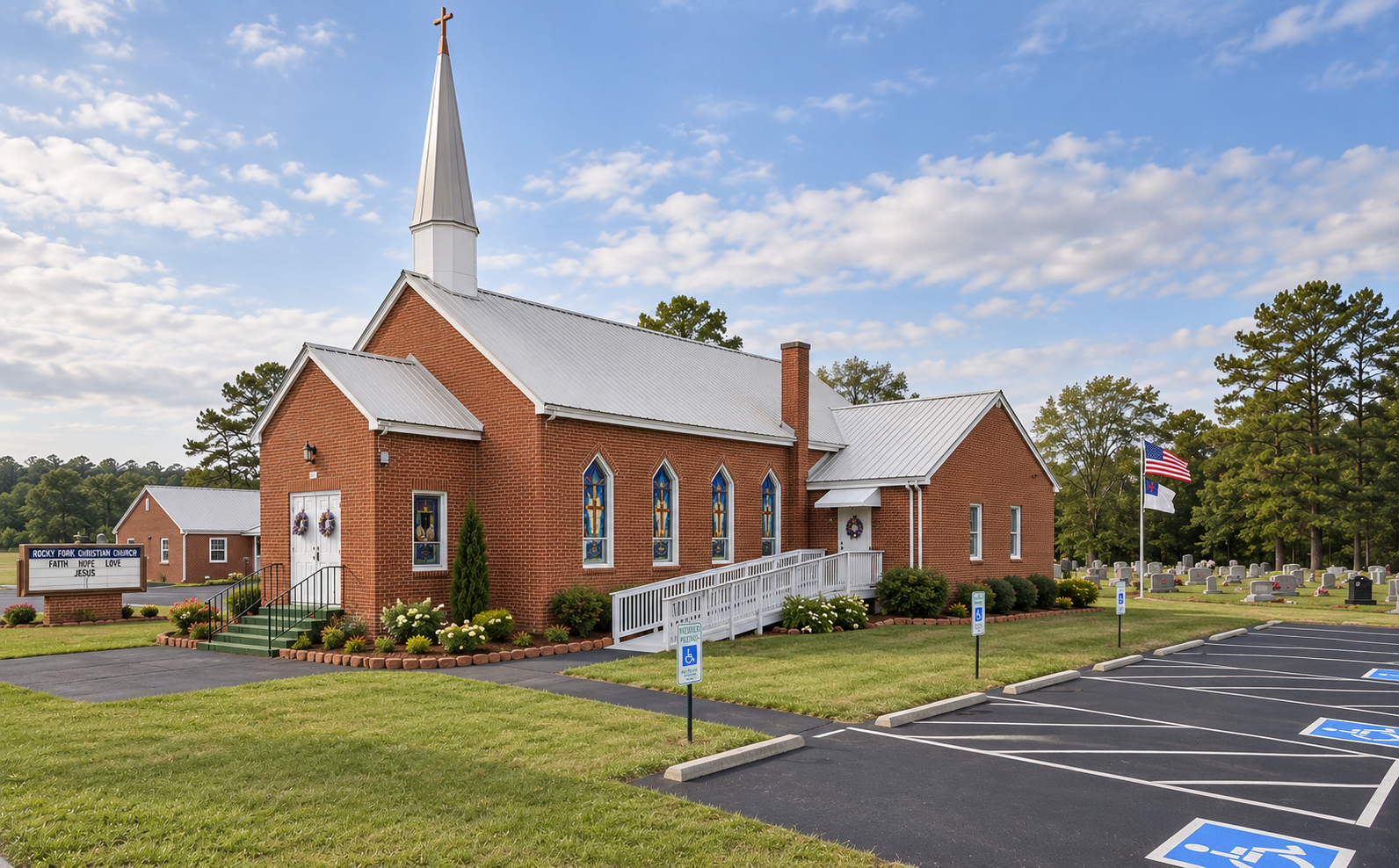 Rocky Fork Christian Church, a red-brick building with a white steeple and stained-glass windows